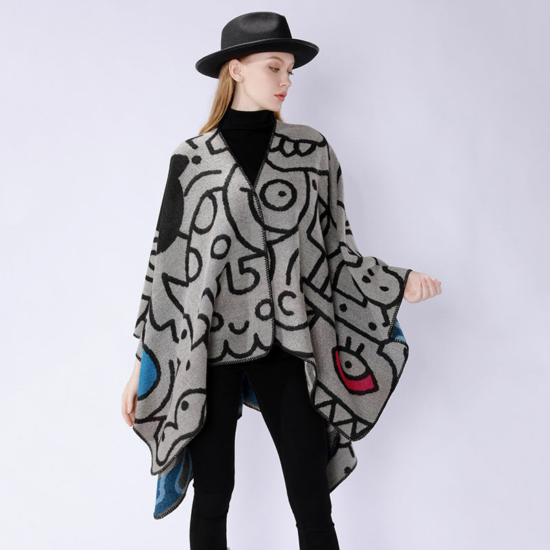 Dam oversized poncho i artistic tryck med two-tone edge processing och asymmetrical pointed fåll