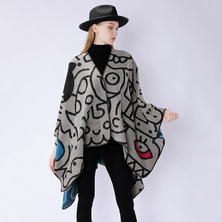 Dam oversized poncho i artistic tryck med two-tone edge processing och asymmetrical pointed fåll