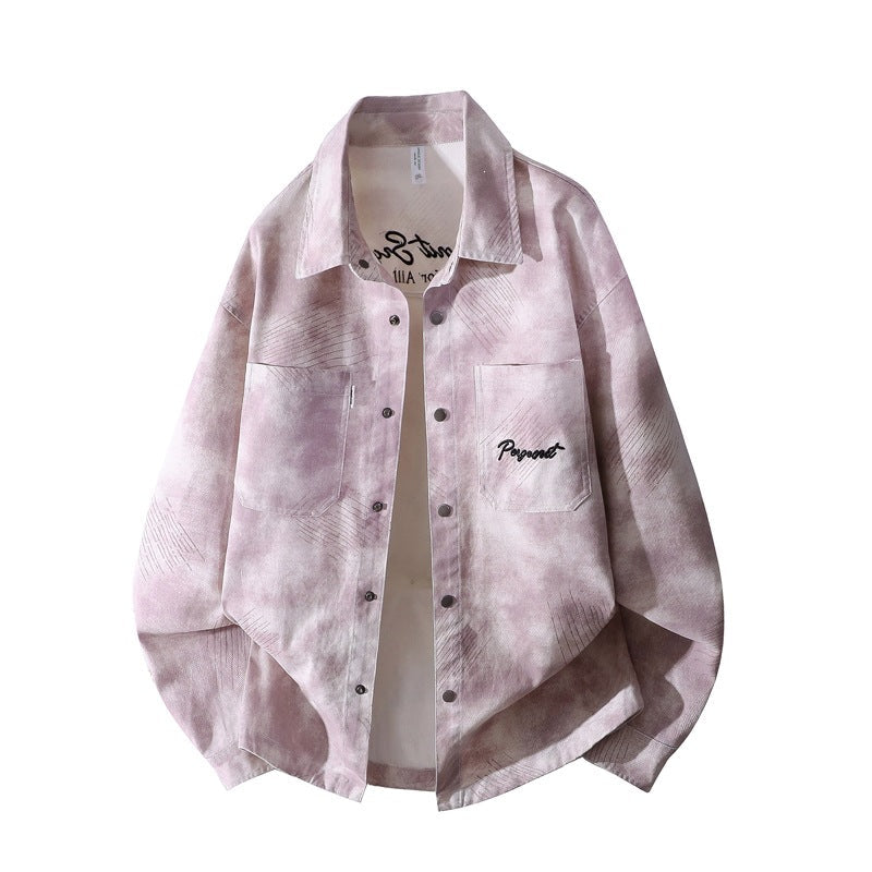 Herr Oversized Skjortjacka i Washed Batik Look med Tryckknapp Knapp Fram &amp; Applied Bröstfickor