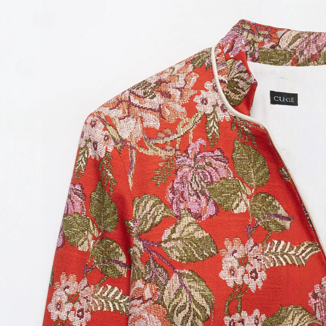 Dam Blommig Vävd Jacquard Bouclé Kort Jacka med Standing Krage