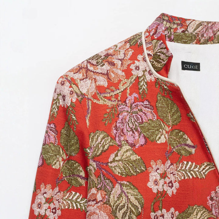 Dam Blommig Vävd Jacquard Bouclé Kort Jacka med Standing Krage