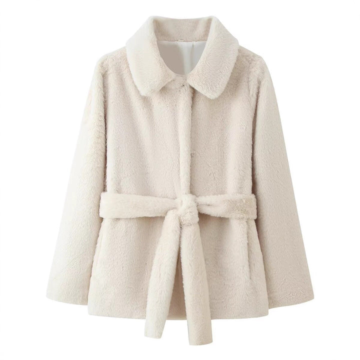 Dam Kort Kappa Gjord av Cuddly Konstpäls med Skjortkrage och Knytbälte