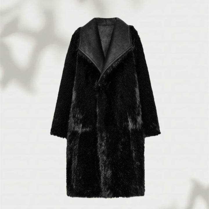 Dam Lång Konstpäls Shearling Kappa med Oversized Sjalrakrage och Utanpåfickor