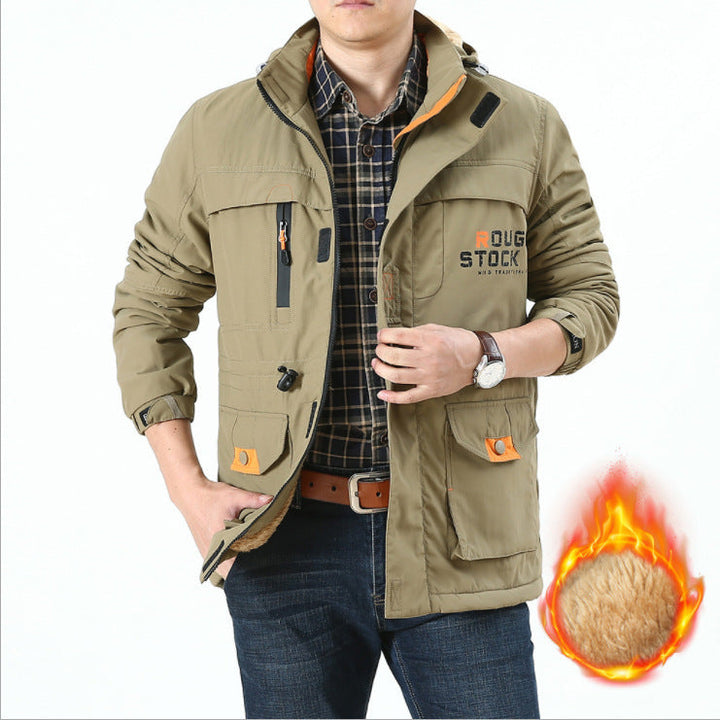 Herr Insulated Fält Parka i Utility Stil med Teddy Fleece Inre Krage, Huva, och Multi-Pockets