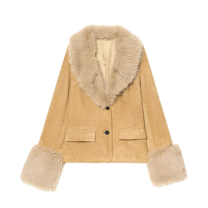 Dam kort jacka gjord faux mocka med voluminous shawl krage och fur muddar