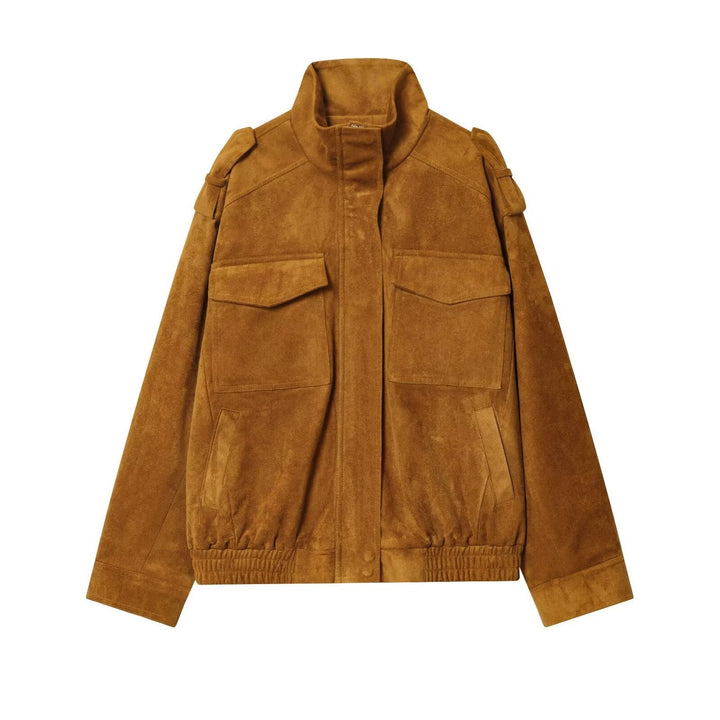 Dam Suede Fältjacka med Stå Krage, Epaulettes, och Patch Chest Fickor