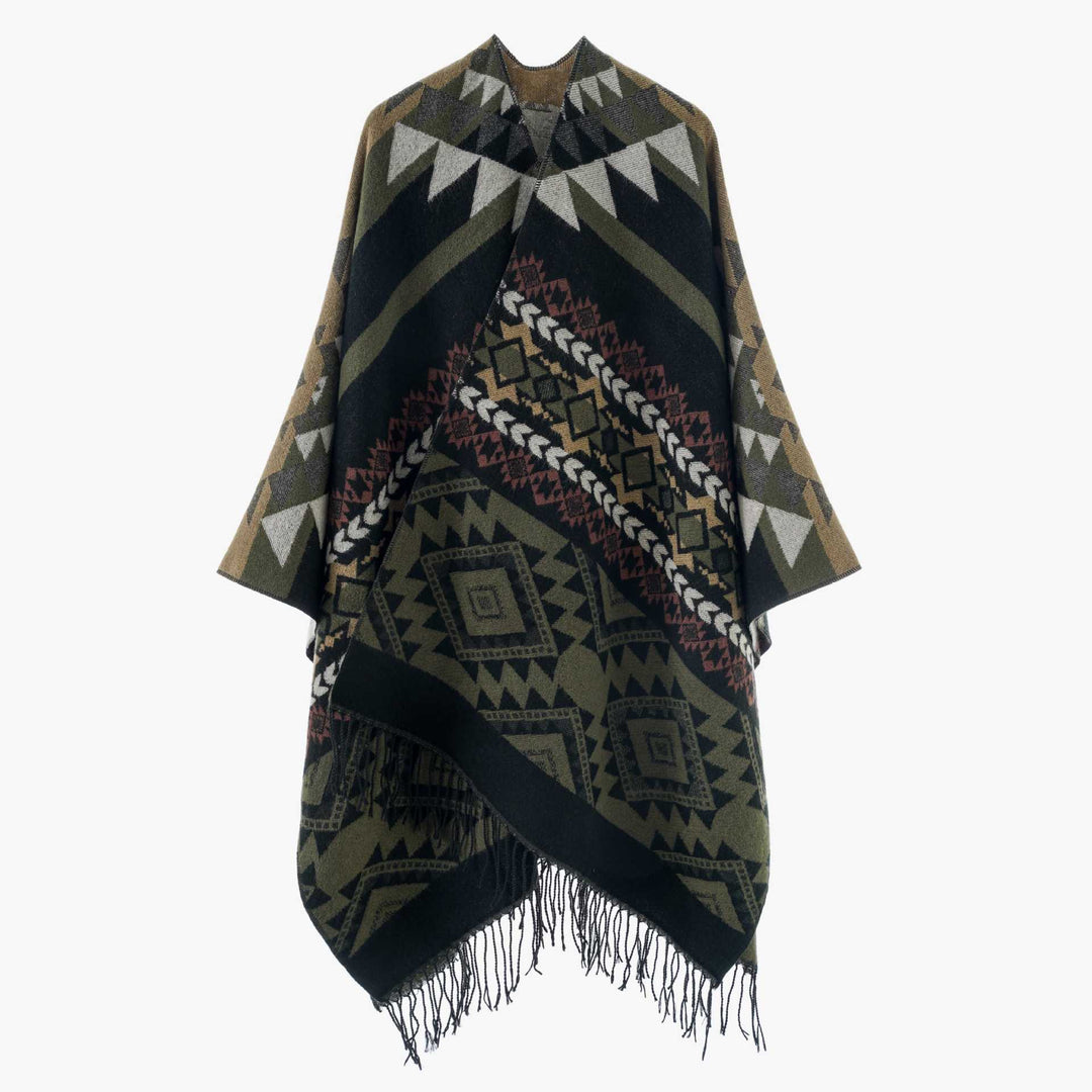 Dam Oversize Jacquard Cape i Ethno Jacquard med Fringing