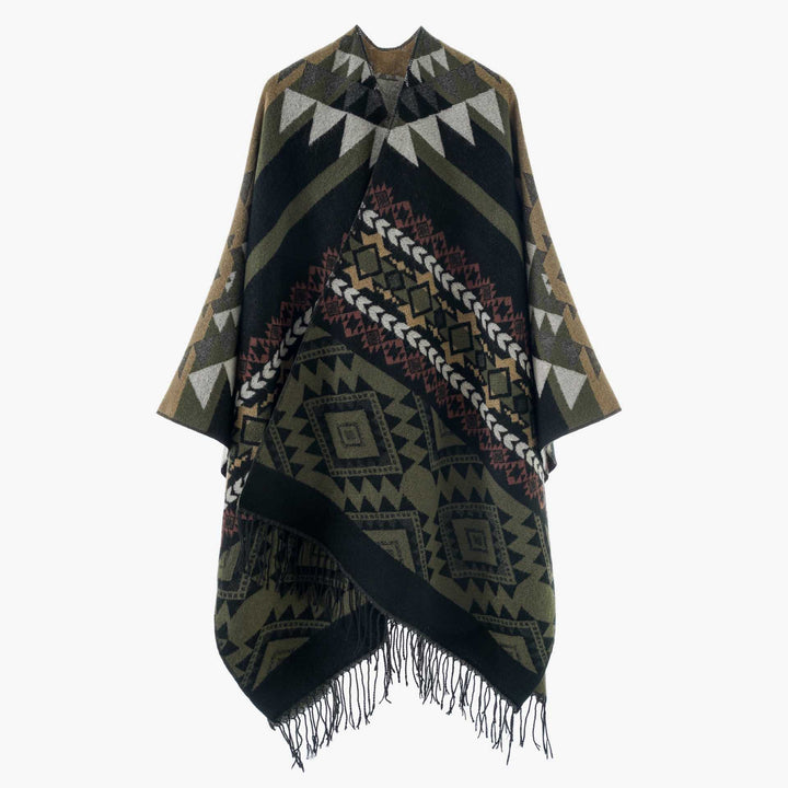 Dam Oversize Jacquard Cape i Ethno Jacquard med Fringing