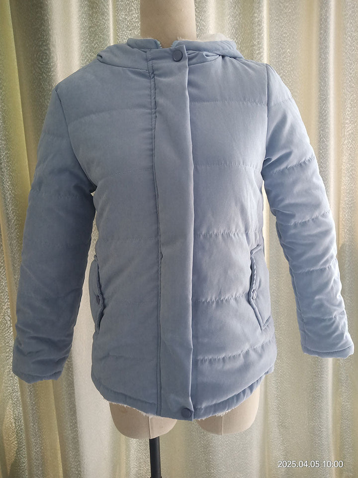 Dam quiltad huvtröja jacka med teddy foder, concealed snap knäppning och påsydda fickor