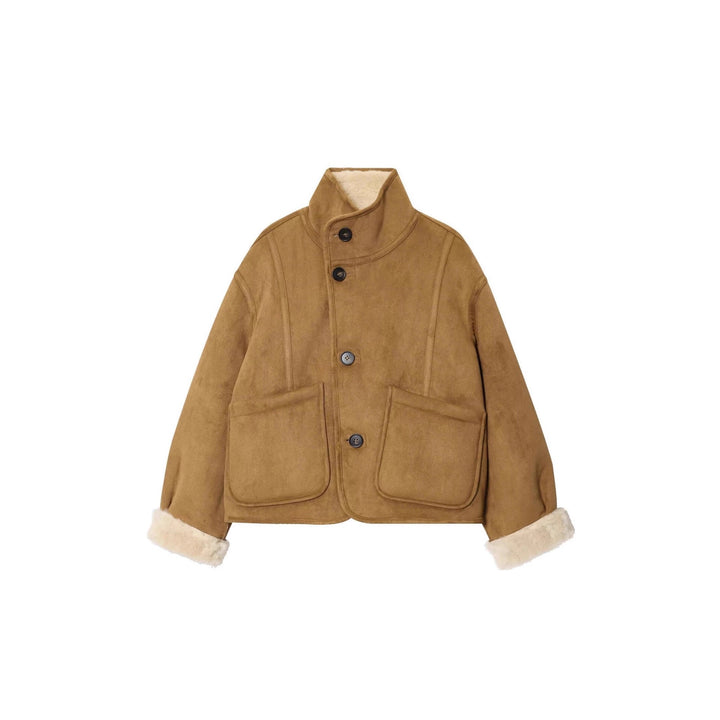 Dam kort Velour jacka med teddyfoder, hög ståkrage och utanpåfickor