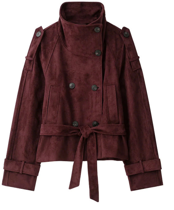 Dam Kort Jacka Tillverkad av Suede Imitation med Hög Stå Krage och Tie Belt