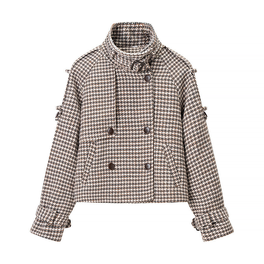 Dam Kort Jacka i Houndstooth med Ståkrage, Dubbel-Breasted och Midja Detaljer