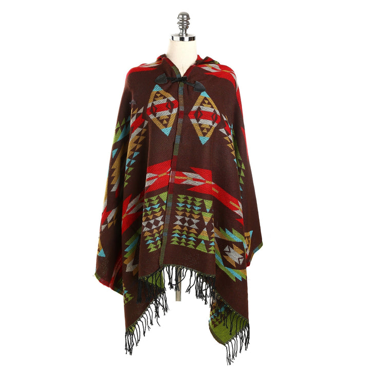 Dam Ethno-Jacquard-poncho med Toggle Closure och fransfåll