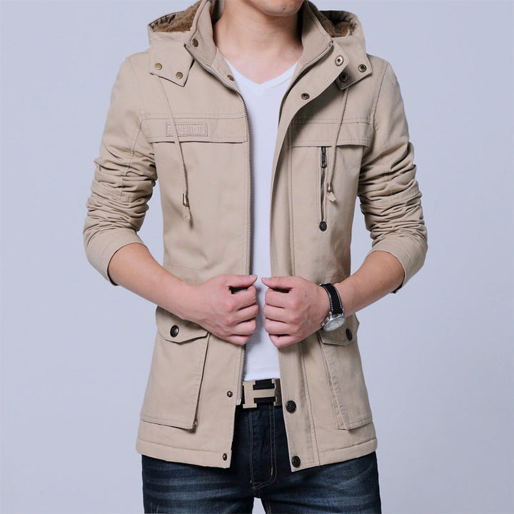 Herr Canvas Parka med Fodrad Huva, Multifunctional Fickor och Dold Dragkedja