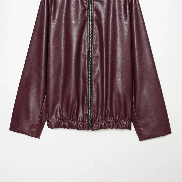Dam kort skuren konstläder Blouson med dragkedja och Gathered fåll