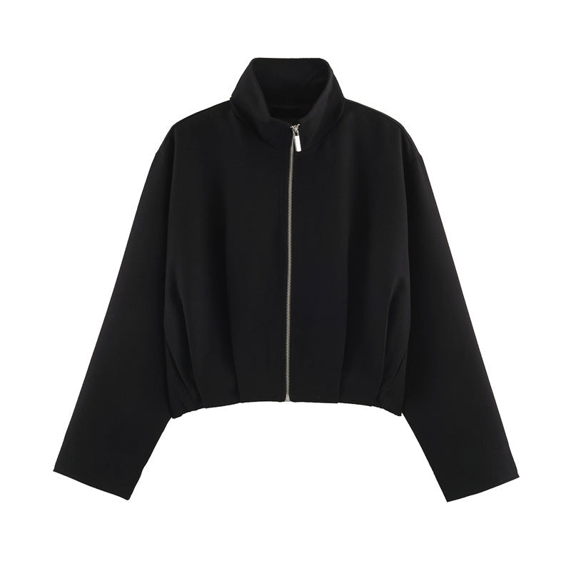 Dam Boxig-Kort Blouson Jacka med Hög Stå Krage och Fitted Elastic Waistband