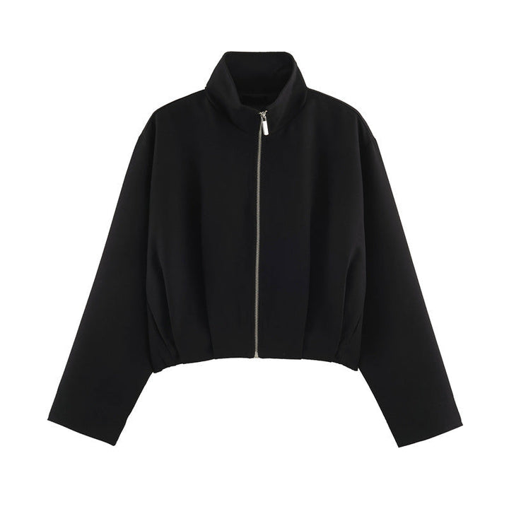 Dam Boxig-Kort Blouson Jacka med Hög Stå Krage och Fitted Elastic Waistband