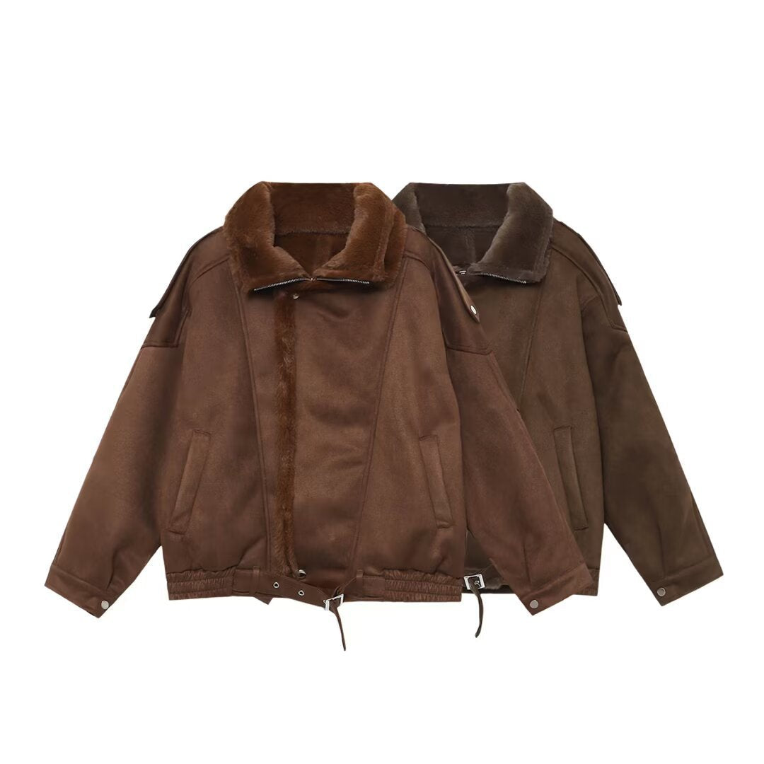 Dam Oversized Aviator Jacka med Teddy Foder, Ståkrage och Midjebälte