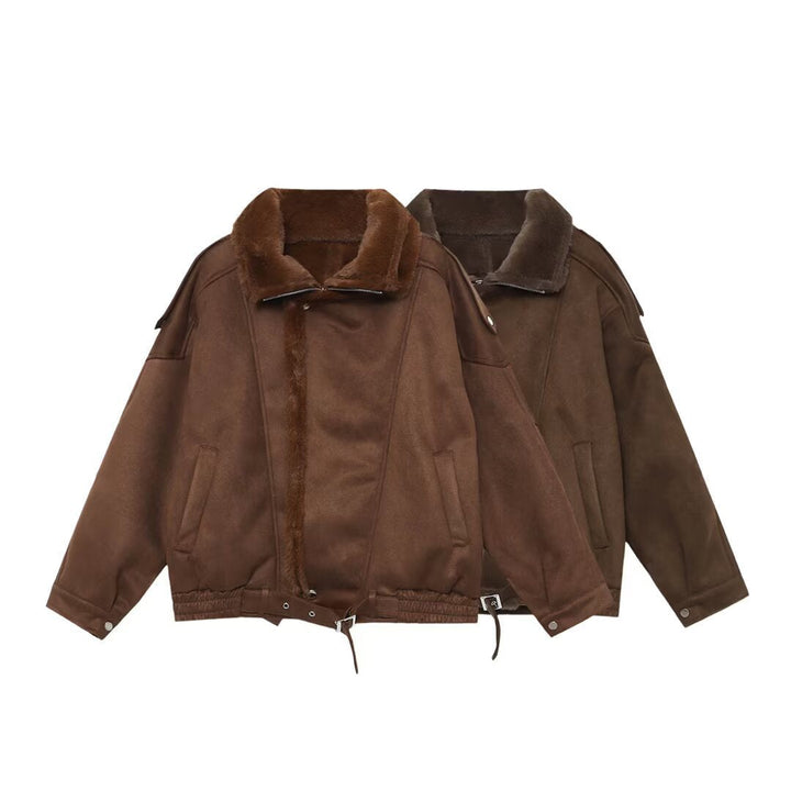 Dam Oversized Aviator Jacka med Teddy Foder, Ståkrage och Midjebälte