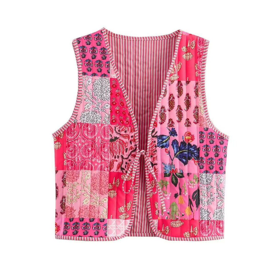 Dam Patchwork väst med Tie Band och V-ringning