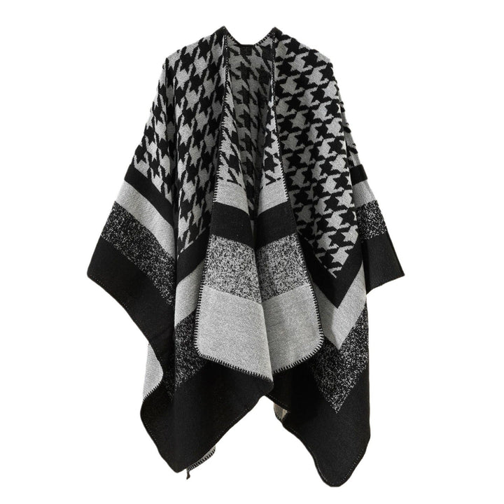Dam Oversize Ruana poncho tillverkad av ullblandning med houndstooth och block jacquard mönster