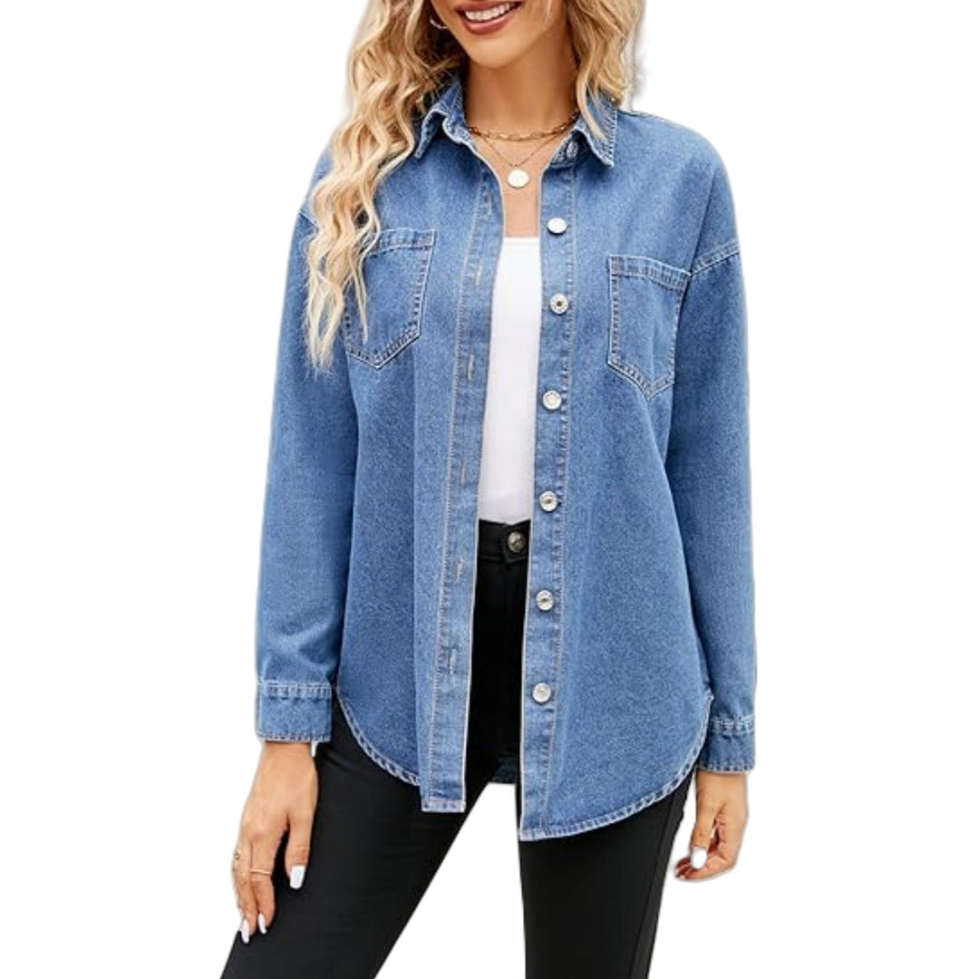 Dam oversize denim skjortjacka med Patch bröstfickor och avslappnad skärning