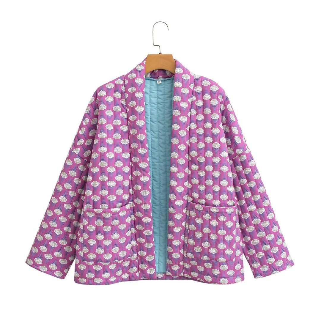 Dam mönstrad Kimono kviltad jacka med Open fram och utanpåfickor