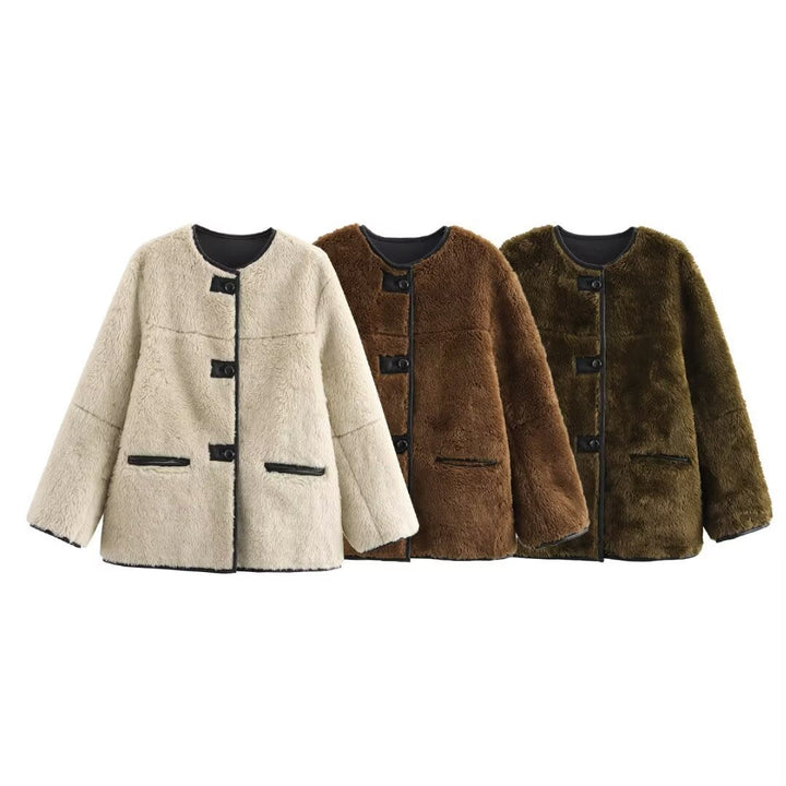 Dam Boxig Teddy Jacka i Faux Shearling med Round Neck, Knapp Stängning och Läder Piping