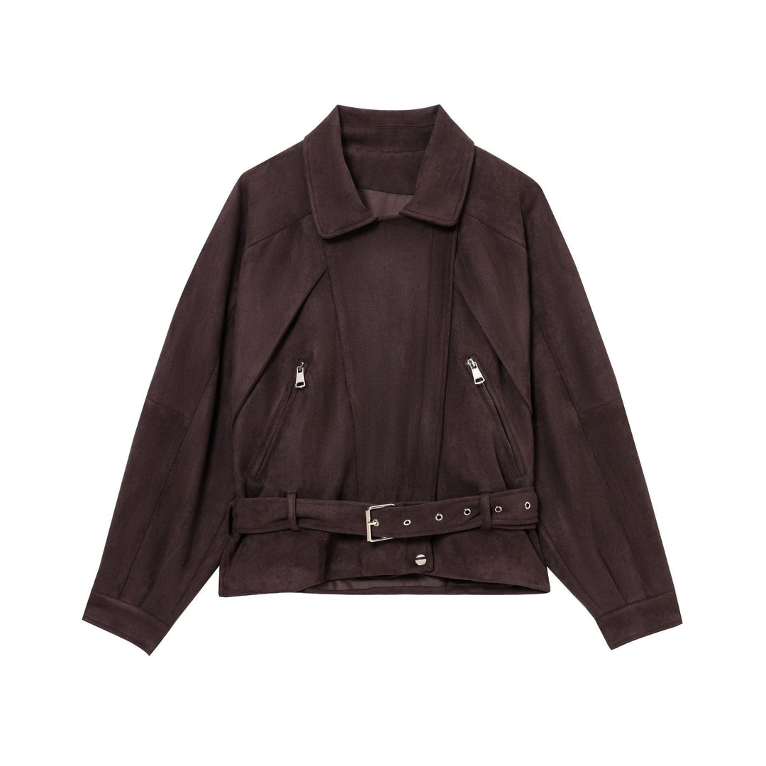 Dam Kort Mocka Look Trenchcoat med Midjebälte och Dragkedja Detaljer
