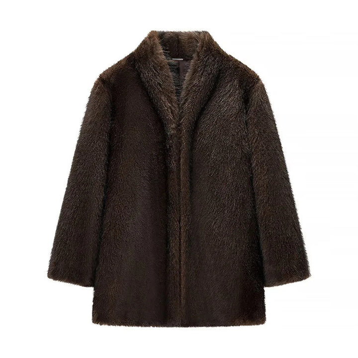 Dam kort vegan faux fur kappa med sjalkrage, concealed closure och straight skärning