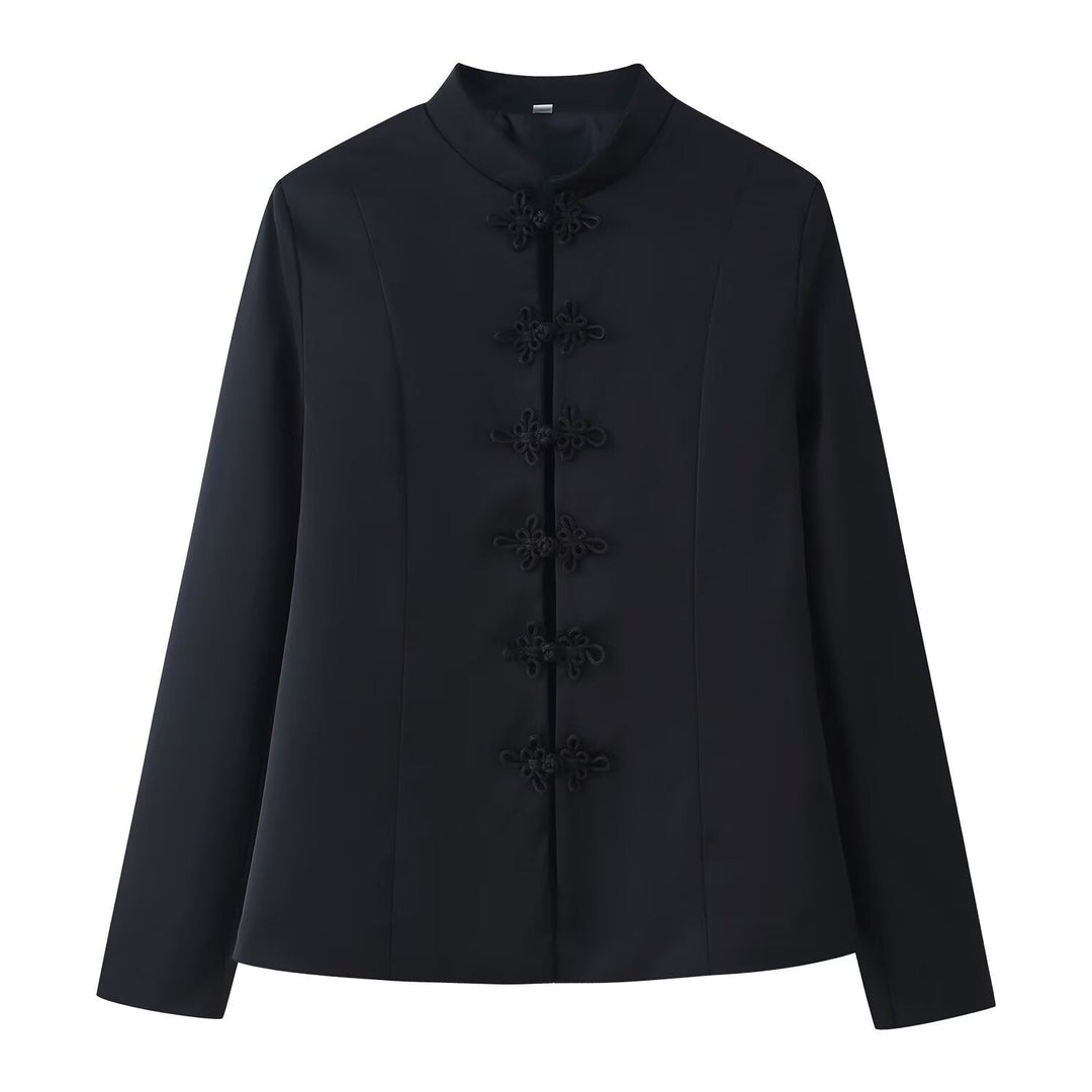 Dam 100+ Elegant Tailored Blouse Jacka med Mandarin Krage och Dekorativ Knot Closures