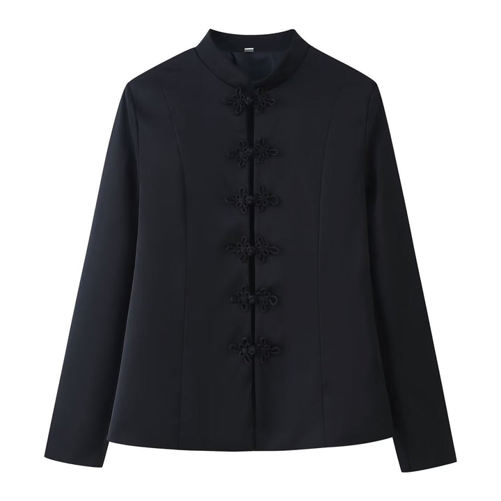 Dam 100+ Elegant Tailored Blouse Jacka med Mandarin Krage och Dekorativ Knot Closures