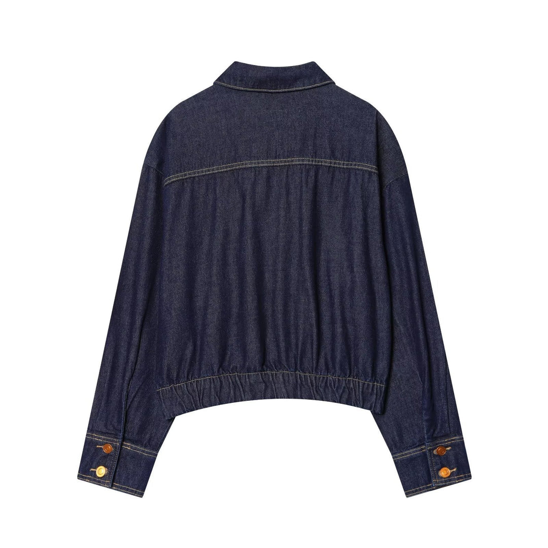 Dam Kort Denimjacka med Dragkedja, Tailored Drawstring och Western Details