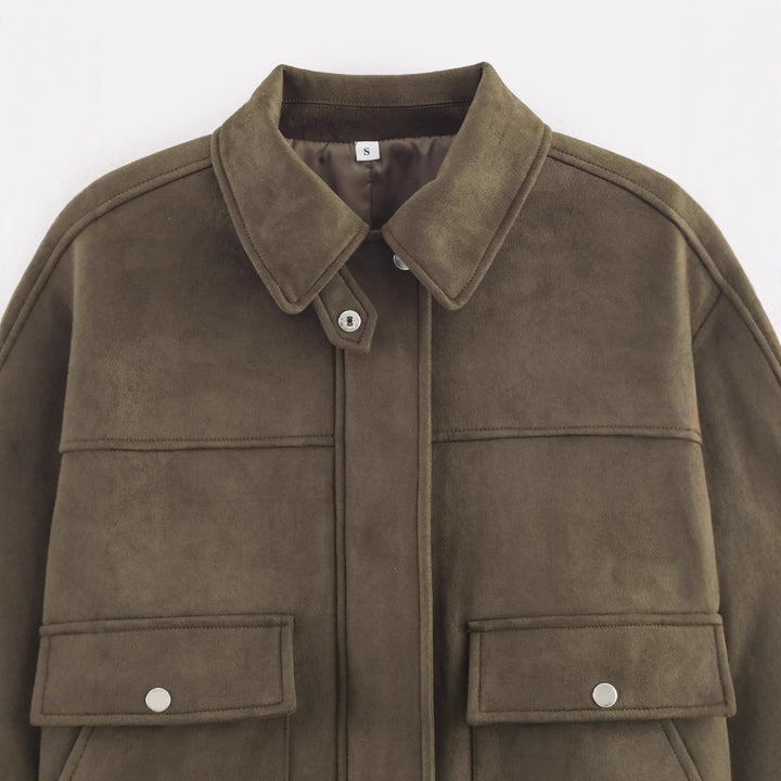 Dam kort skärning mocka look Utility jacka med Flap fickor