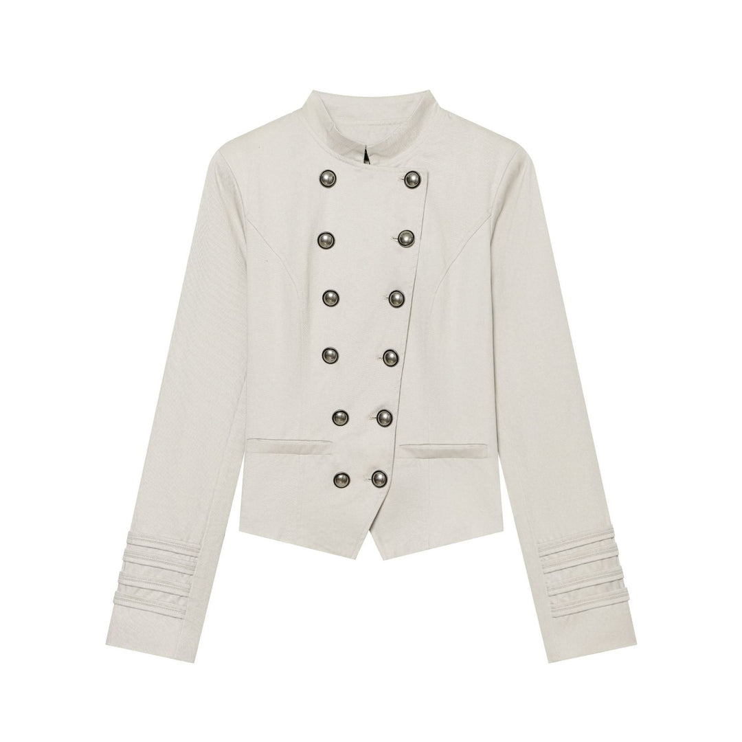 Dam Kort Skärning Double Breasted Military Blazer Jacka med Stå Krage