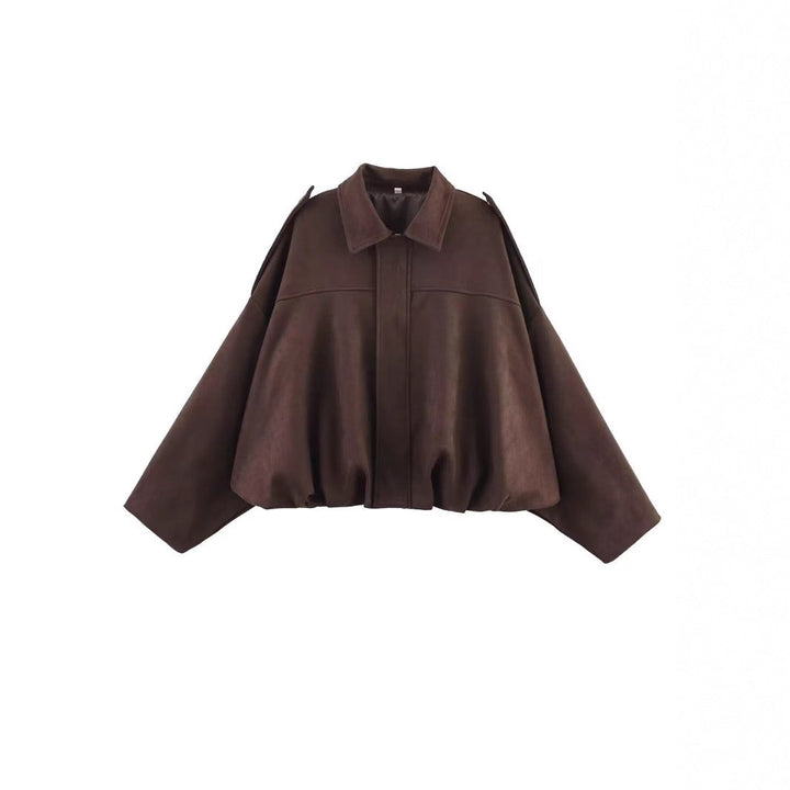 Dam Kort Boxig Övergångsjacka i Suede Look med Epaulettes