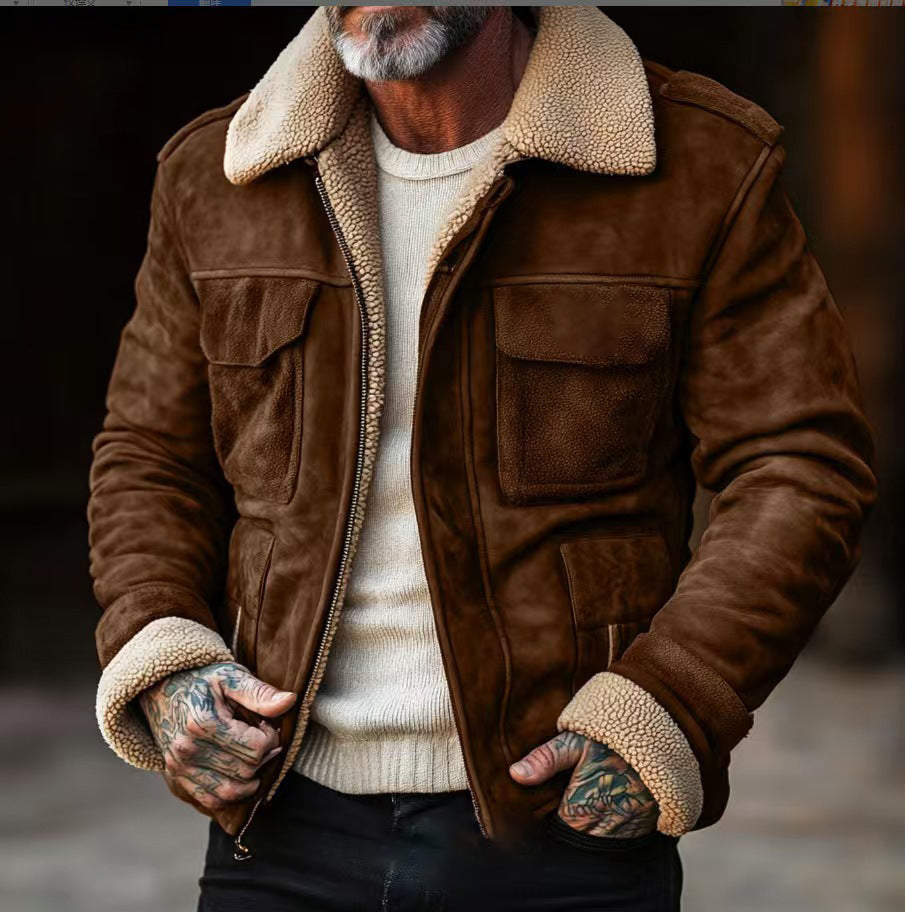 Herr Flight Jacka Tillverkad av Suede Läder med Teddyfoder och Utanpåfickor
