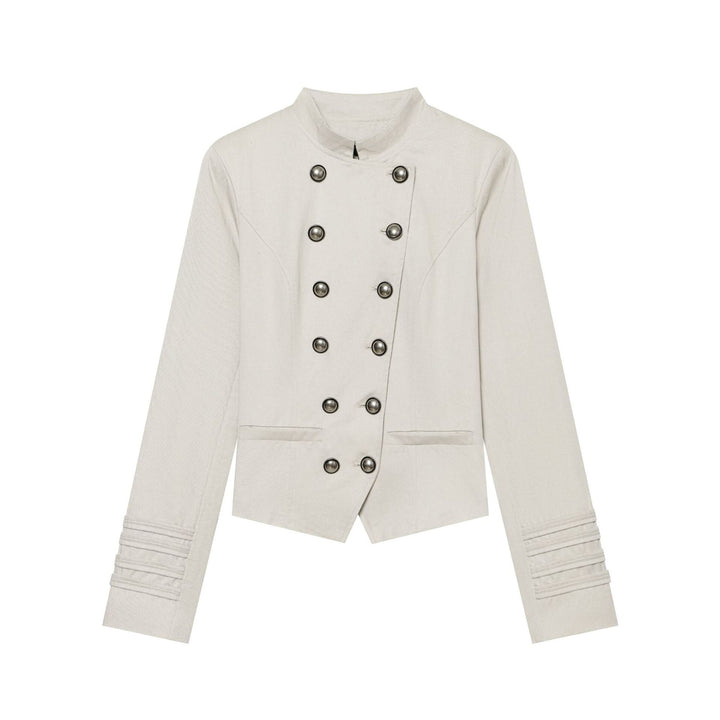 Dam Kort Skärning Double Breasted Military Blazer Jacka med Stå Krage