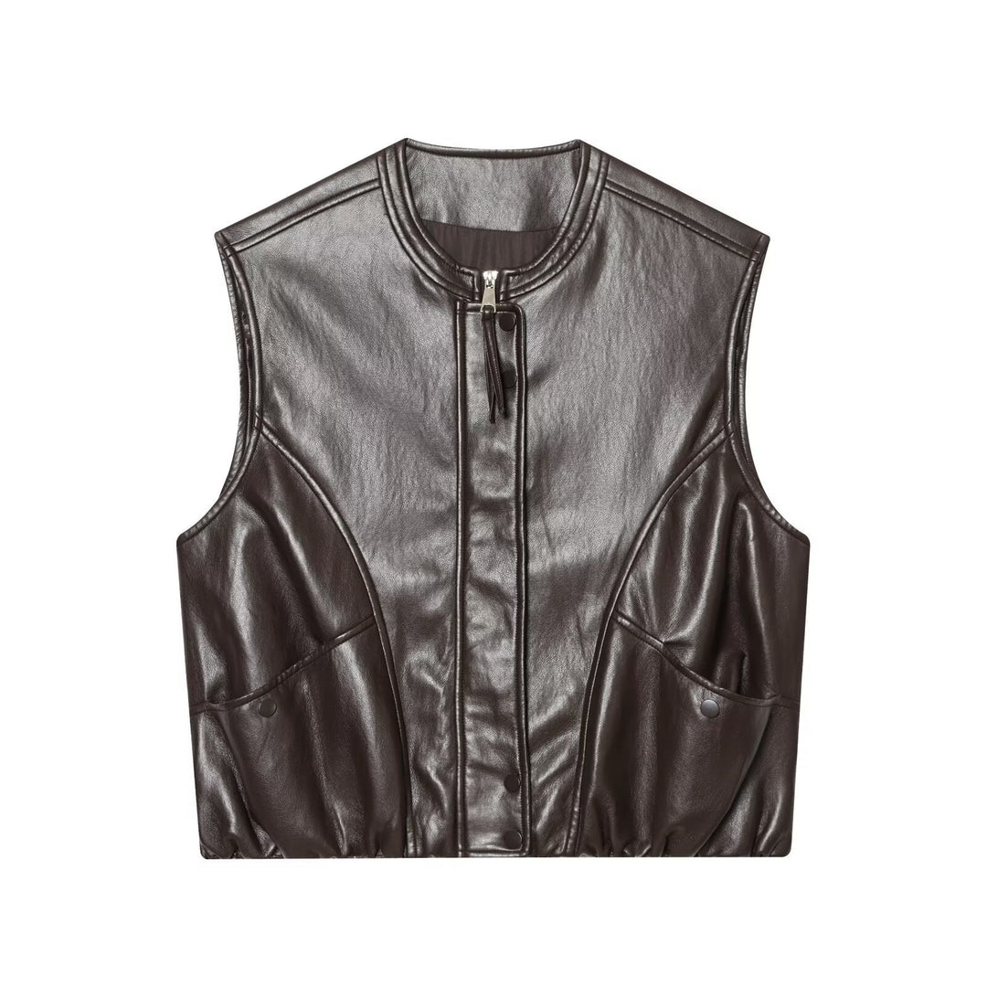 Dam Sleeveless Läder-Look Väst med Stå Krage, Two-Way Dragkedja och Lock Fickor