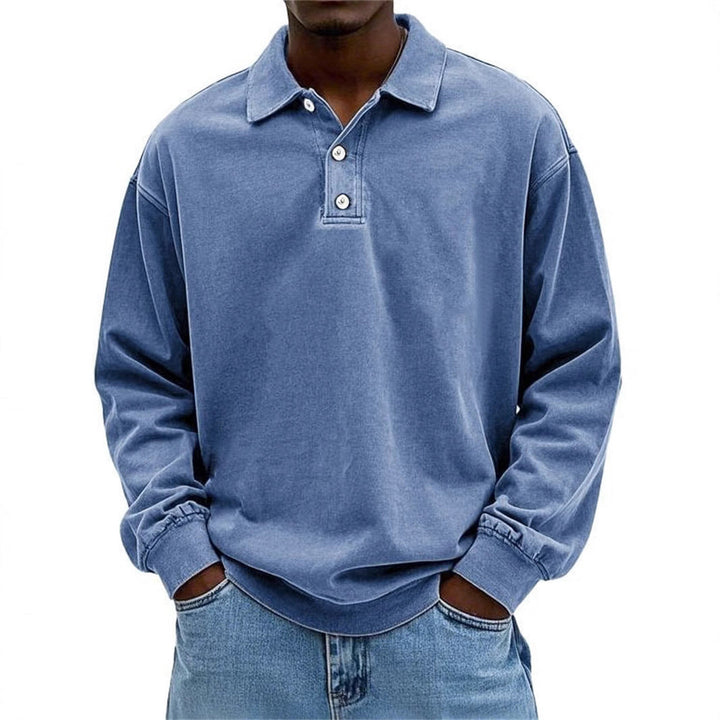 Herr Oversized Denim Look Polo College-Tröja med Kort Knapplist och Elastiska Muddar EB