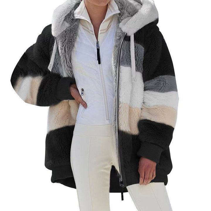 Dam oversized faux fur patchwork hooded jacka med ribbstickade muddar och two-way dragkedja