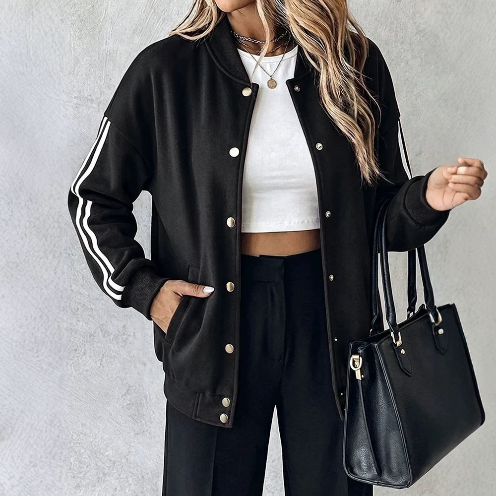 Dam oversized College jacka med Snap knäppning och kontrasterande Stripe ärmar