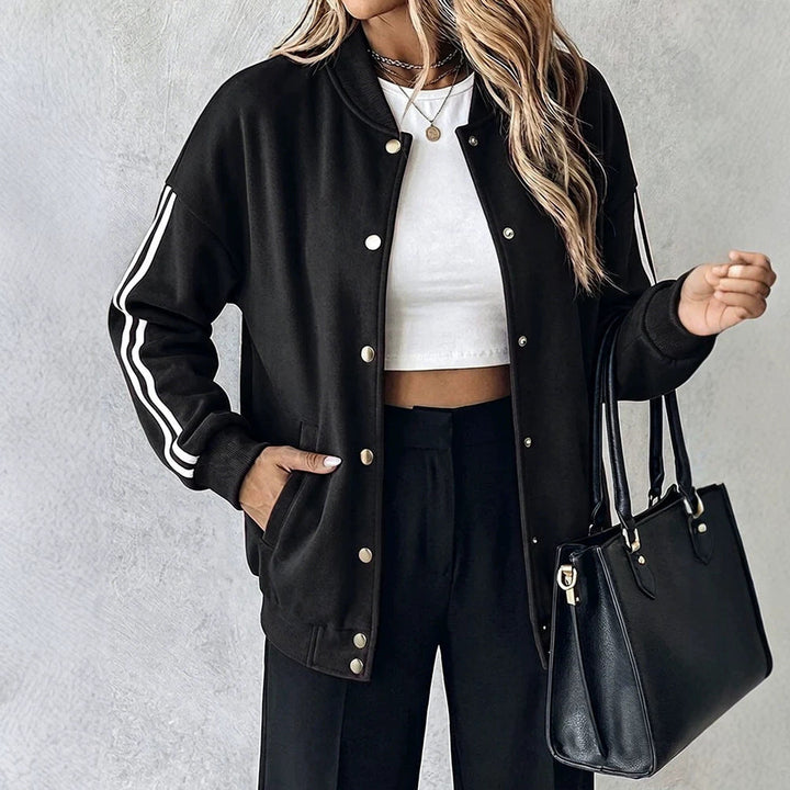 Dam oversized College jacka med Snap knäppning och kontrasterande Stripe ärmar