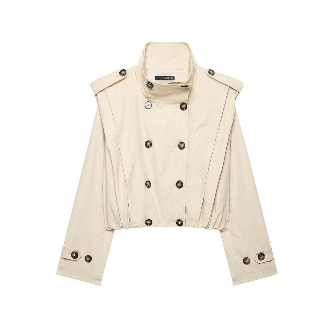 Dam Kort Double-Breasted Trench Jacka med Stå Krage, Epaulettes och Elastic Nederkant