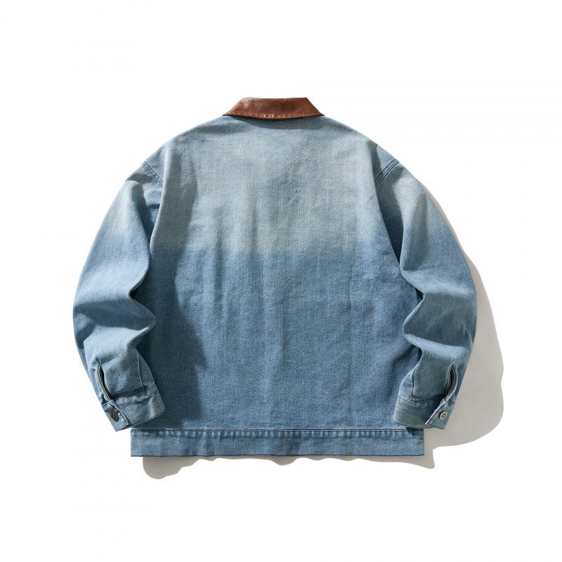 Herr denimjacka i arbeteer look med kontrast krage