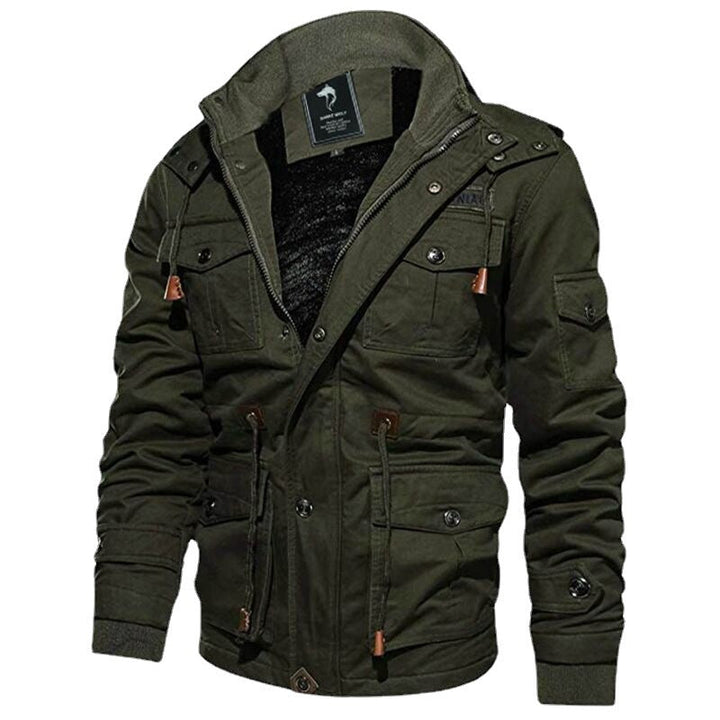 Herr Military-Inspired Canvas Fältjacka med Huva, Dragsko Midja och Fleecefoder
