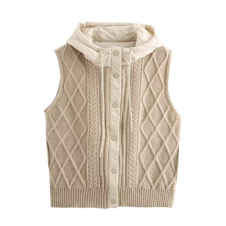 Dam Sleeveless Stickad Väst med Quiltad Huva och Tryckknapp Knapp Knäppning