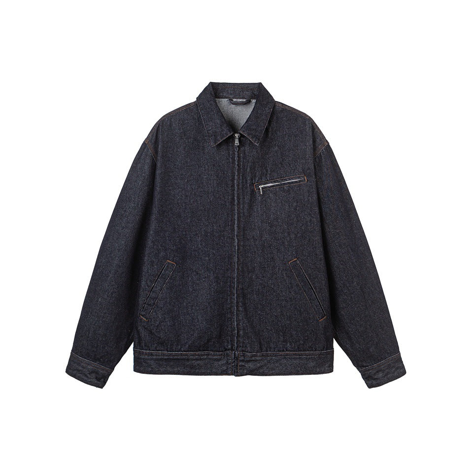 Herr lös passform Denim Worker Jacka med dold dragkedja och Slanted bröstficka