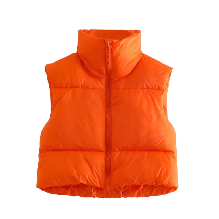 Dam Kort Quiltad Väst med Hög Stå Krage, Lätt Puffer Look och Justerbar Nederkant