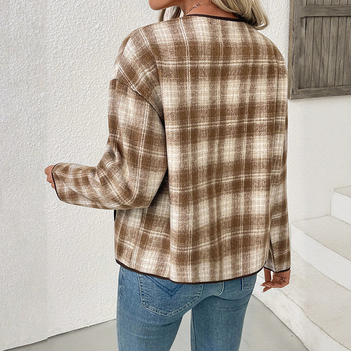 Dam Rutig Övergångsjacka med Round Neck, Contrast Kant och Knapplist